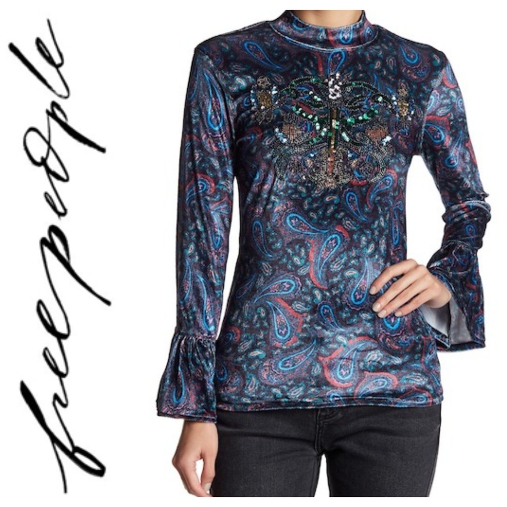 Free People Embellished Front Printed Blouse M